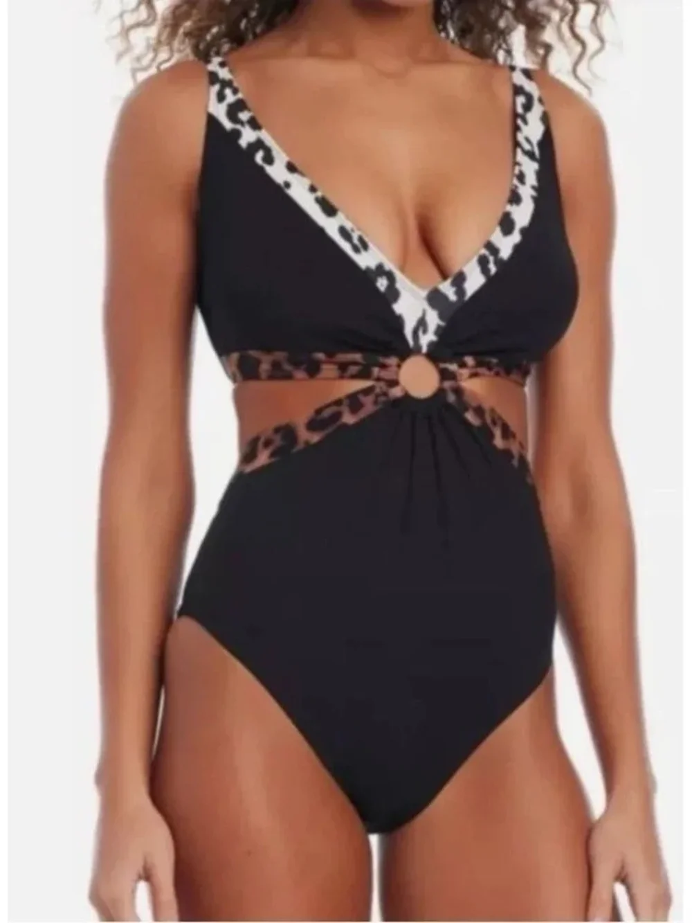 Bar III Women's In My Skin Mid- Ring One Piece In Black With Leopard Accents
